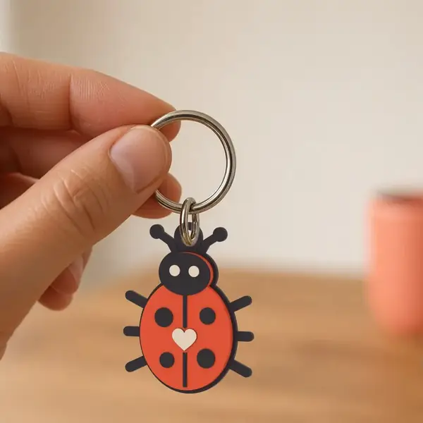 3D printed bug keychain hanging from the loop between its antennae.
