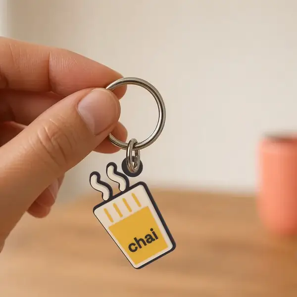 3D printed chai glass keychain hanging at a tilt from its ring.