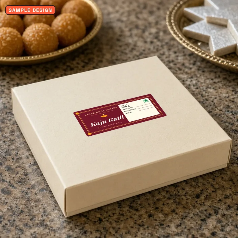 Custom sweet box labels, sample design for a made-up sweet shop