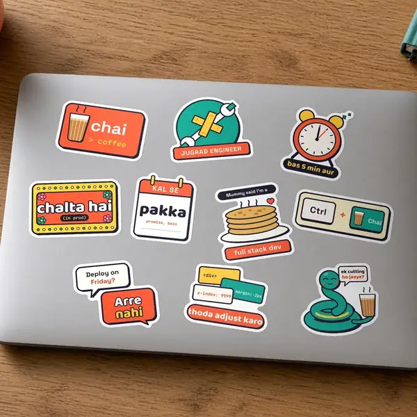 Ten Desi Dev stickers applied on a laptop lid.