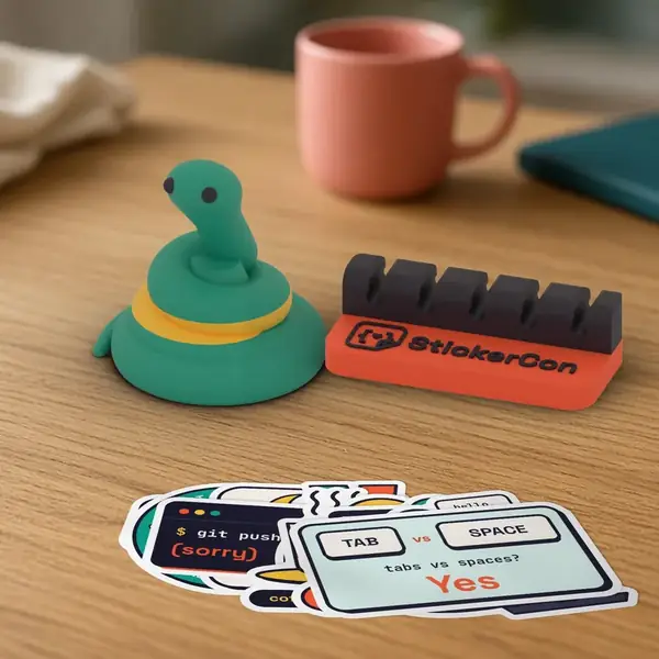 Desk Buddy Bundle on a desk: classic Pip, a cable dock, and the Dev Life stickers fanned out.