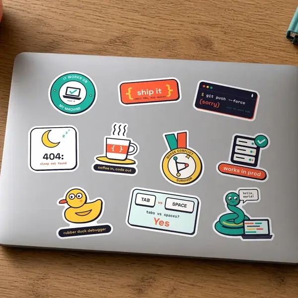 Ten Dev Life stickers applied on a laptop lid.