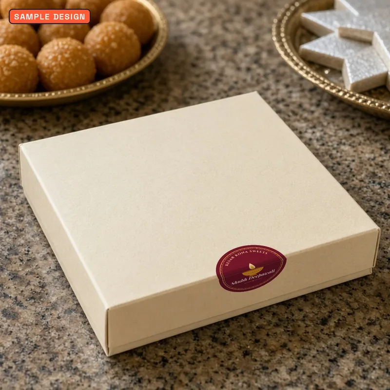 Custom Diwali box seal stickers, sample design for a made-up sweet shop
