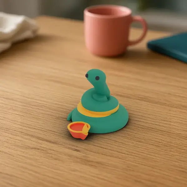 Diwali Pip, a 3D printed teal snake with a small diya.