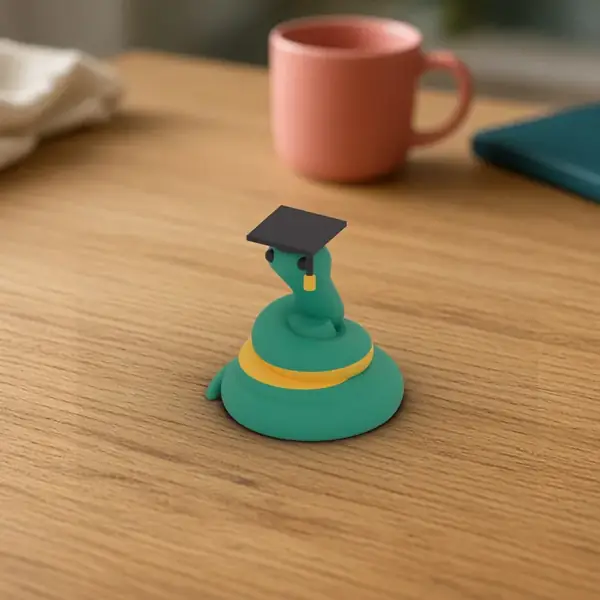 Graduate Pip, a 3D printed teal snake wearing a graduation cap.