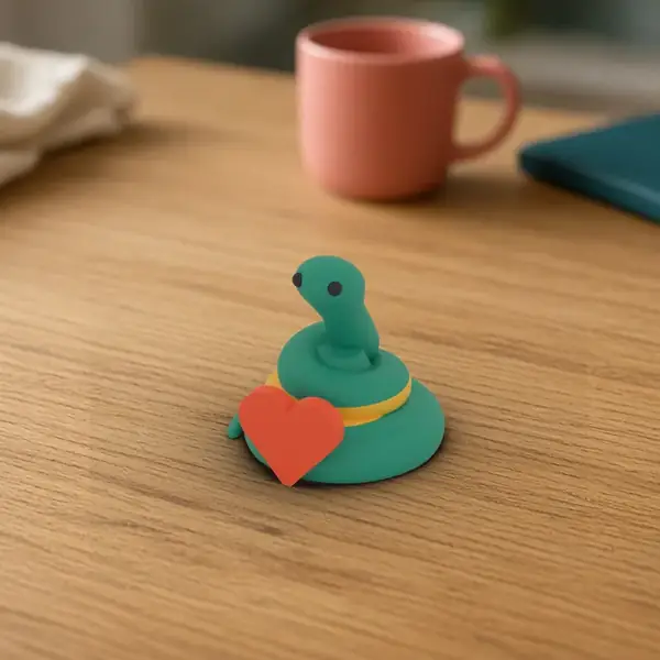 Heart Pip, a 3D printed teal snake holding a coral heart.