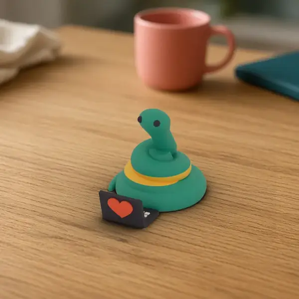 Laptop Pip, a 3D printed teal snake with a tiny laptop.