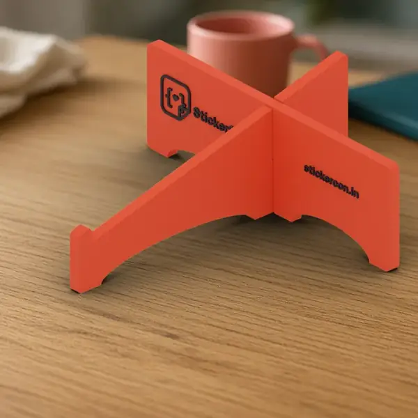 3D printed two-plate laptop stand, about 168 mm across, sitting on a desk.