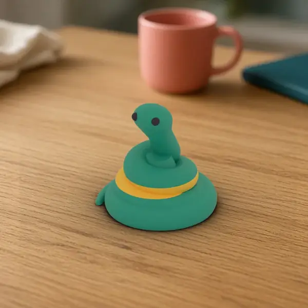 Pip, a 3D printed teal snake desk mascot about 58 mm tall, sitting on a desk.