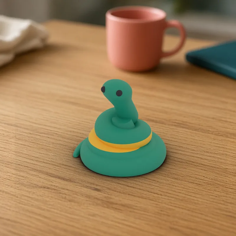 Pip, a 3D printed teal snake desk mascot about 58 mm tall, sitting on a desk.