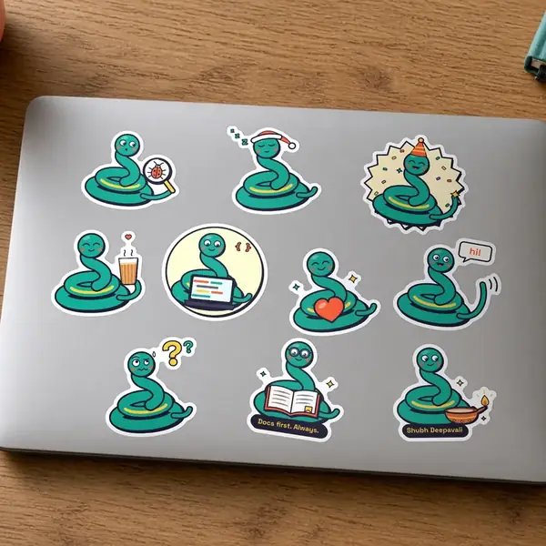 Ten Pip stickers applied on a laptop lid, including Docs first and Shubh Deepavali.