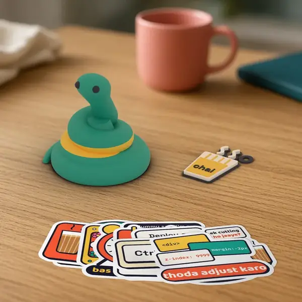 Starter Bundle on a desk: classic Pip, a chai keychain, and the Desi Dev stickers fanned out.