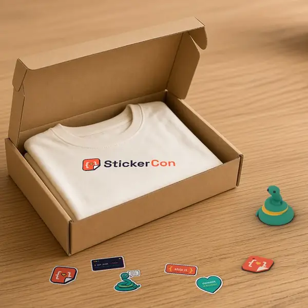 StickerCon swag kit in a kraft box, with a tee, sticker sheets, a round pin and a small 3D printed figure