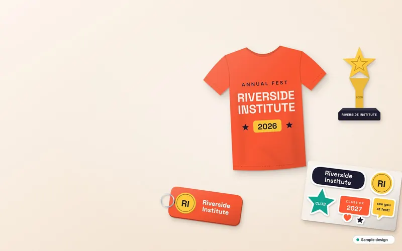 College fest merch with a tee, stickers, a badge and a keychain, sample design