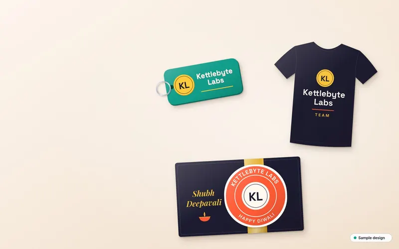 Diwali corporate gift set with a keychain, box seal stickers, a desk figure and a tee, sample design