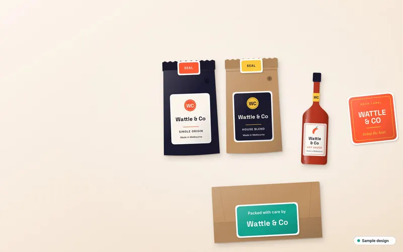 Product labels on jars with a thank-you card and a tee, sample design for a made-up brand
