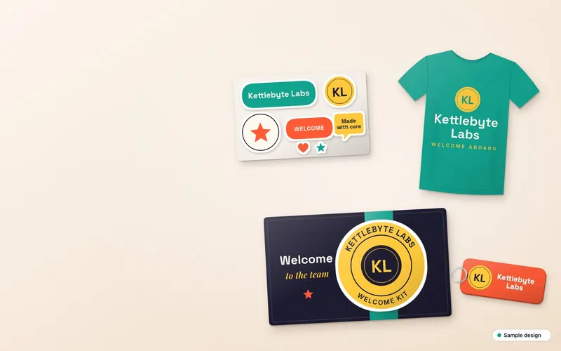 Welcome kit with a tee, stickers, a keychain, a desk figure and a badge holder, sample design
